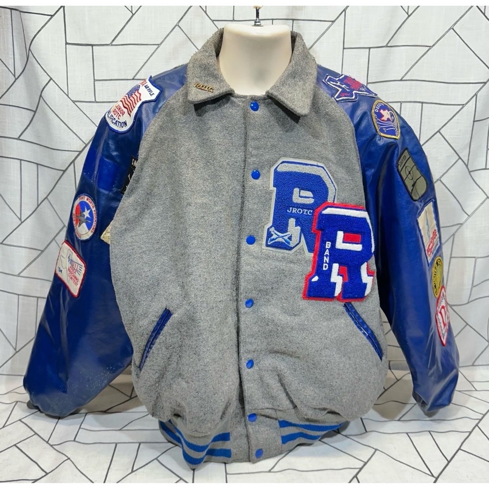 Vintage Letterman Jacket Patched JROTC Band Grey Blue Mens Size XXL
